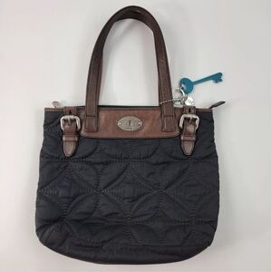 Fossil Key-Per Shoulder Bag Purse Black Quilted Fabric Leather Trim Straps